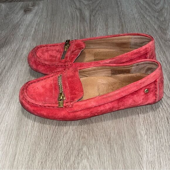 Women's UGG Red Suede Loafers with Gold Zipper - Picture 6 of 9
